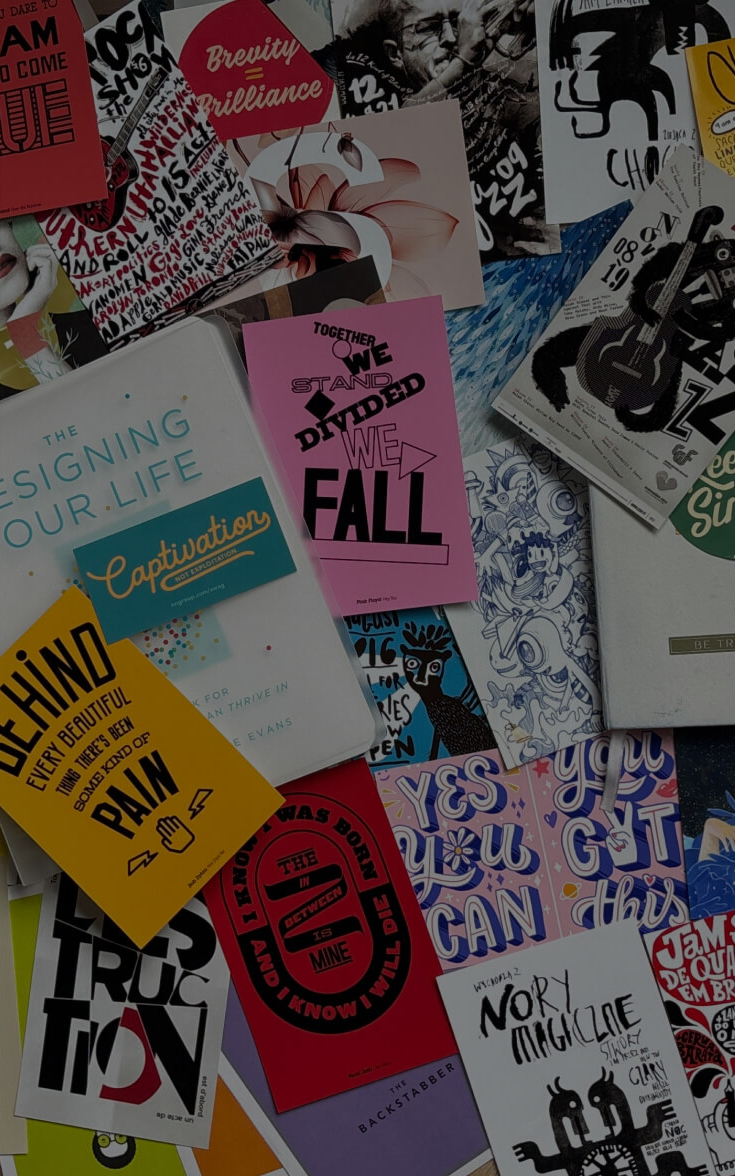 A colorful collage of posters and typography